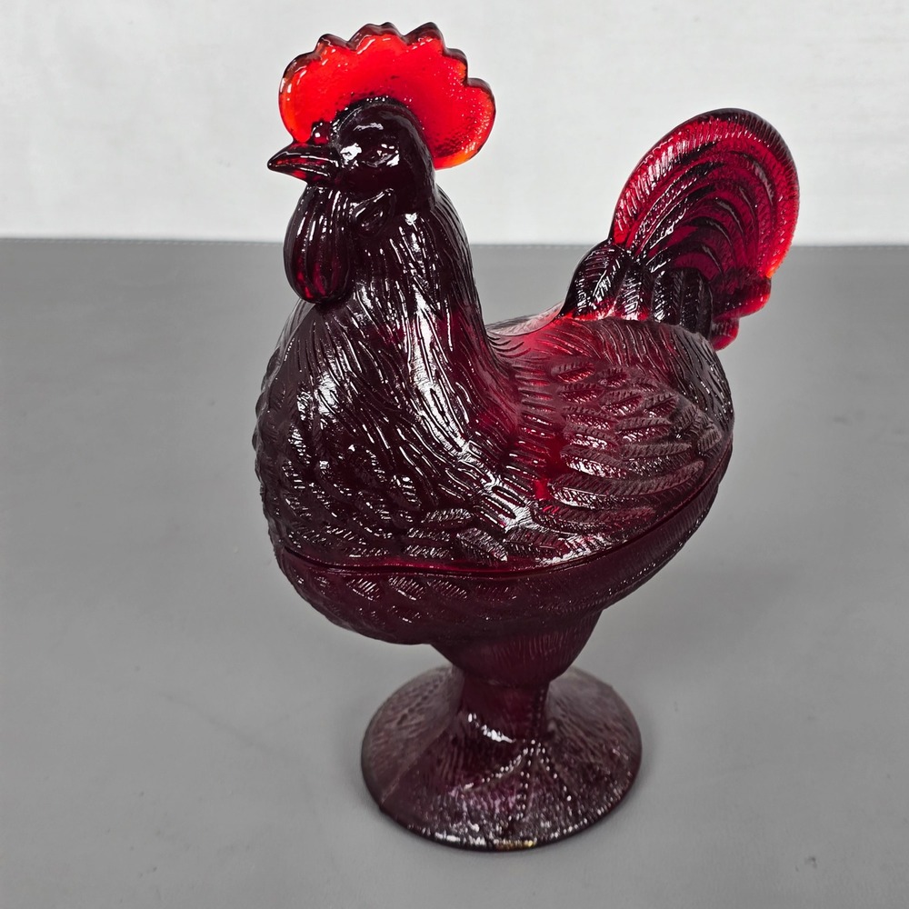 Vintage Ruby Red Slag Glass Rooster Candy Dish Pedestal Covered Compote 2pc - Picture 1 of 14